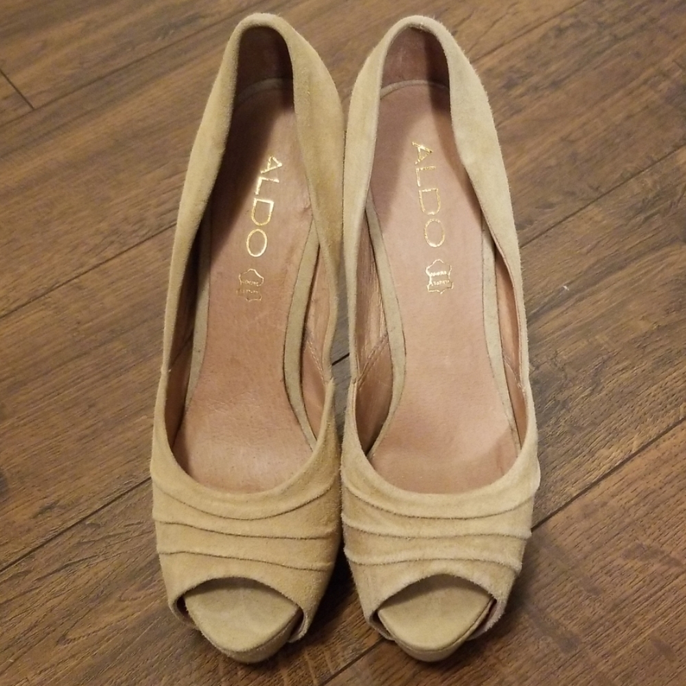 Suede platform peep toe heels